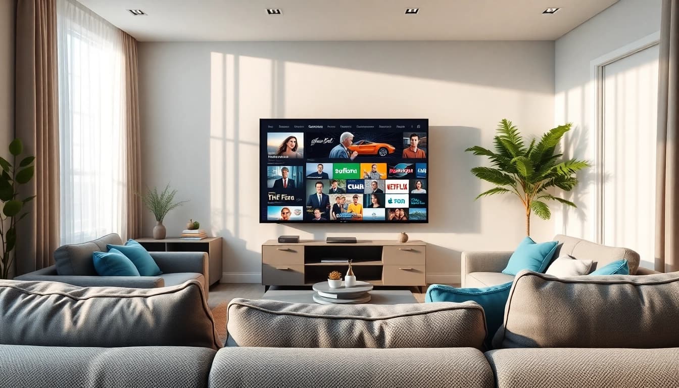 Genießen Sie iptv 12 monate in einem modernen Wohnzimmer mit großem TV-Bildschirm.