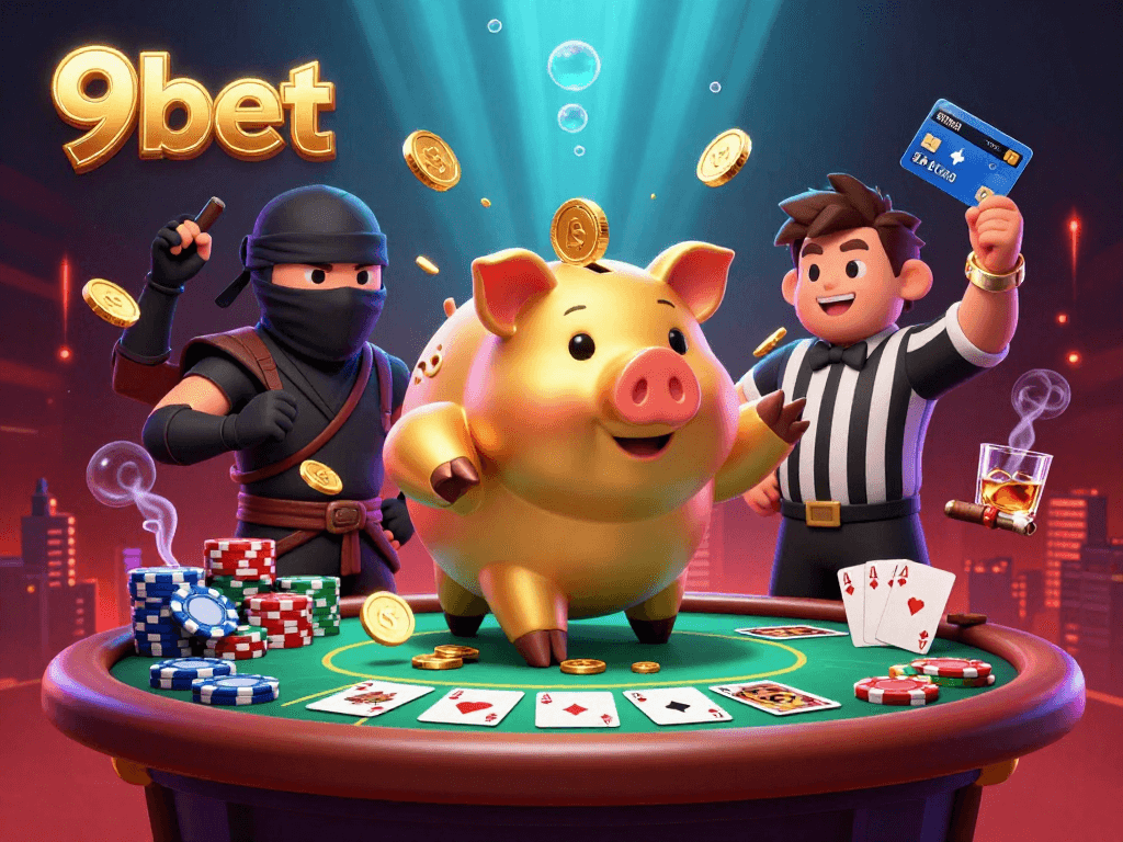 Experience thrilling action at 9bet with a vibrant illustration of a golden piggy bank sumo wrestler.