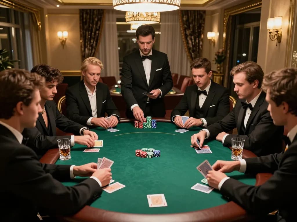 Engaged poker players showcase strategic gameplay in a high-stakes private game, 90P in action with colorful chips.