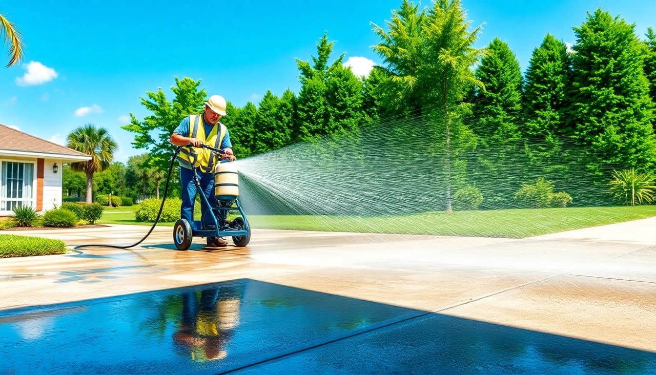 Driveway pressure wash service transforming a concrete driveway to a clean finish in Kissimmee, FL.