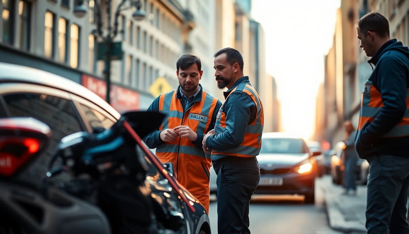 Professional Kfz Gutachter in Köln assessing vehicle damage on-site with urban backdrop.