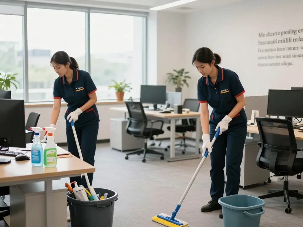 Zuverlässiges Gebäudereinigungsteam in Münster, das aktiv ein modernes Büro reinigt und umweltfreundliche Produkte für eine frische Atmosphäre verwendet.
