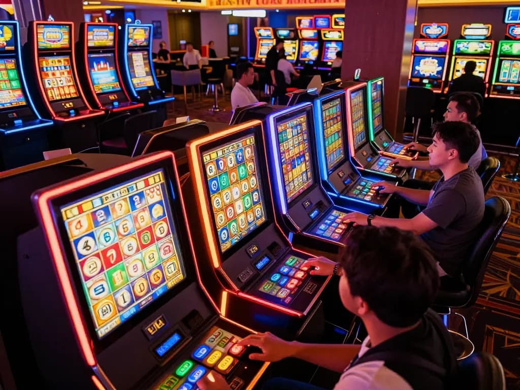 Players engaging with vibrant slot machines in the 79king online casino, showcasing exciting gaming action.