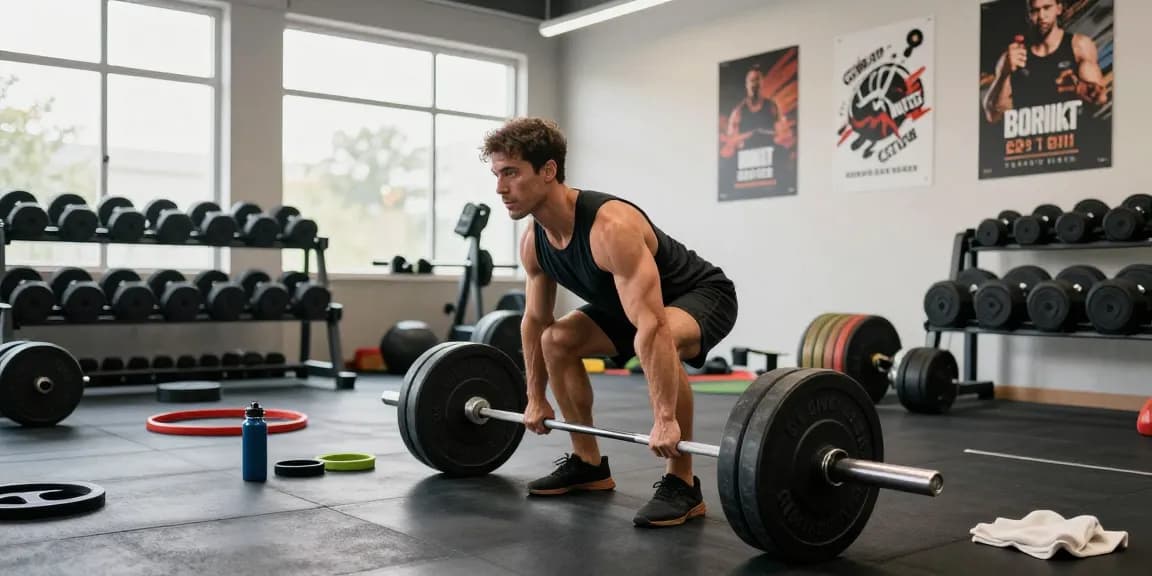 Gym-Trainingseinheit, die einen Mann zeigt, der Gewichte im Anabolika Shop Deutschland hebt, und dabei Stärke und Fitnessmotivation betont.