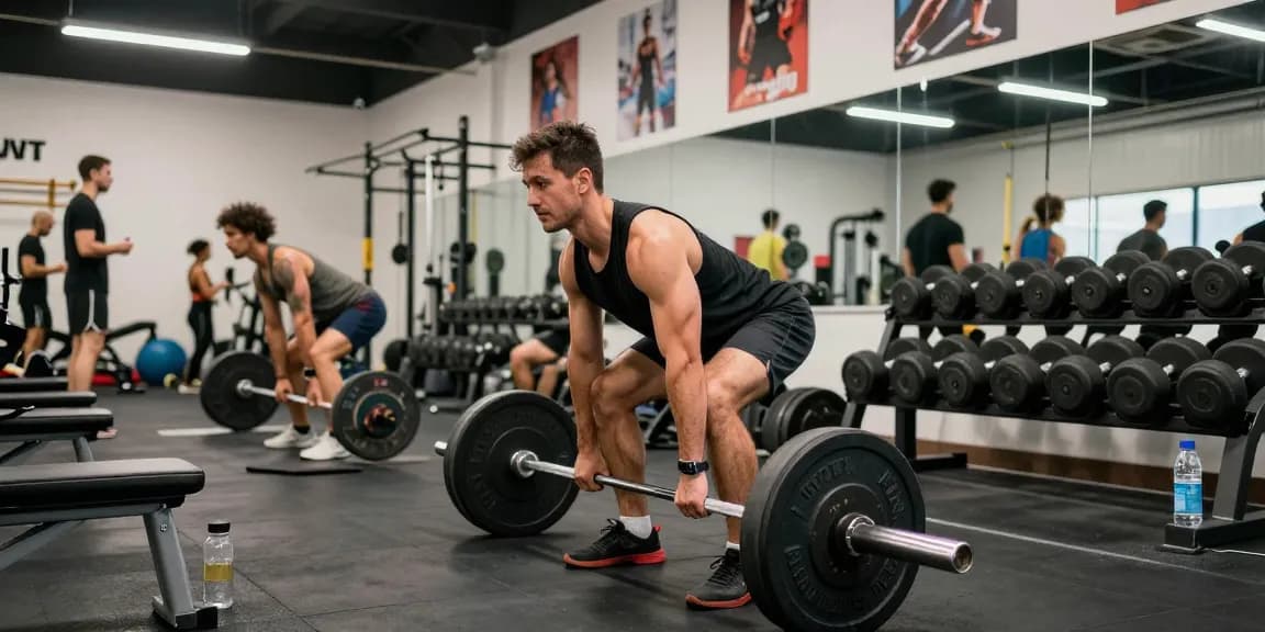 Muscular man lifting weights at Anabolika Shop's fitness gym, dynamic workout atmosphere.