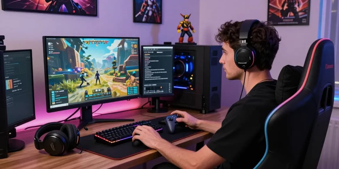 Gamer engaged in 8BitDo Ultimate 2 Test using wireless controller in a modern gaming setup.