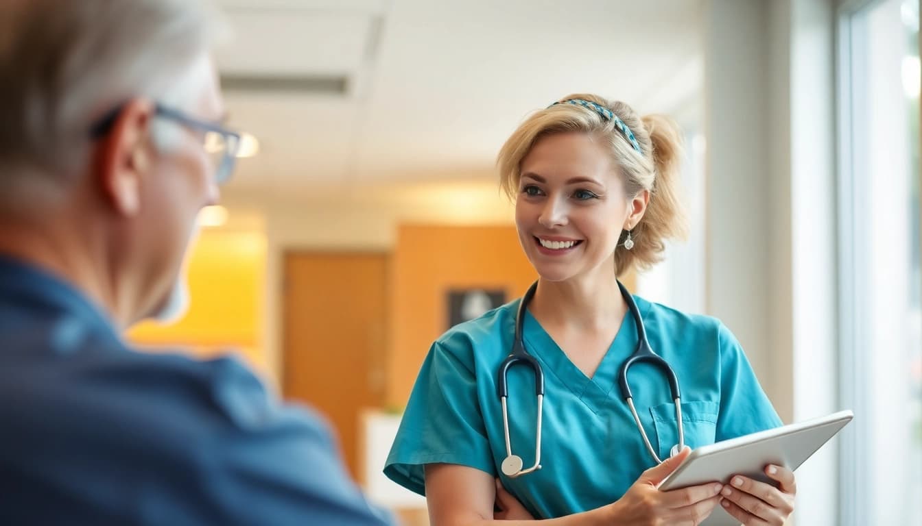 Pflegefachkraft Stelle Hameln: A compassionate caregiver assisting an elderly patient in a caring environment.