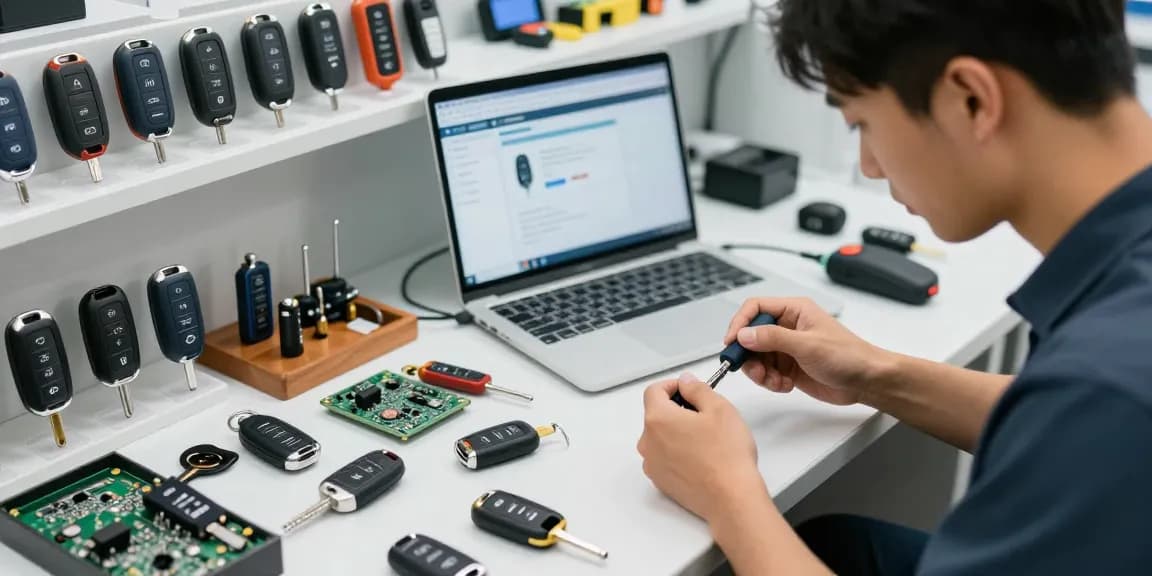 Experte für Autoschlüssel arbeitet an verschiedenen Auto-Schlüsseln und erstellt maßgeschneiderte Lösungen