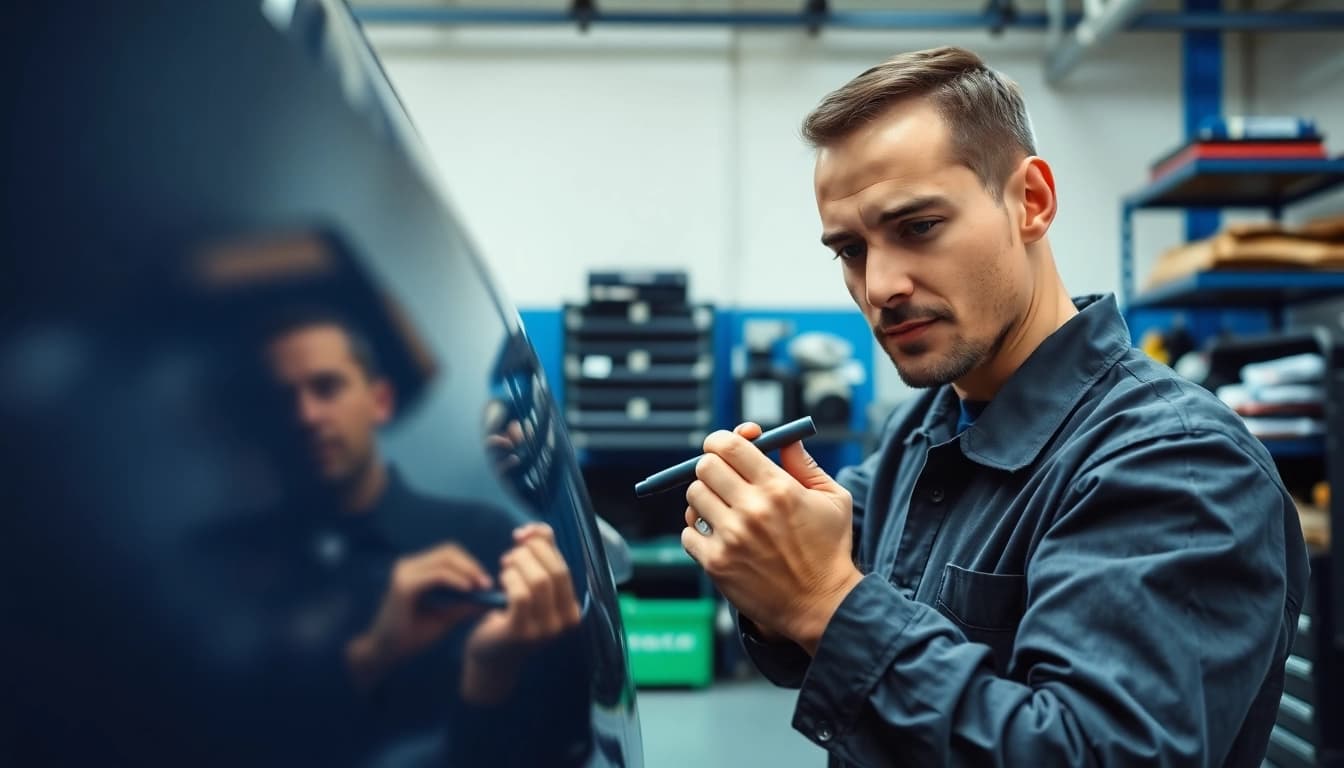 Spot Repair München: Techniker führt eine präzise Lackreparatur an einem Auto durch.