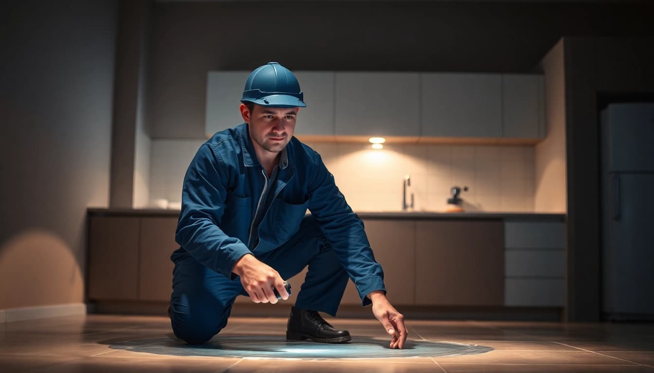 Professioneller Techniker im Sanitär Notdienst repariert ein undichtes Rohr in einer beleuchteten Küche.