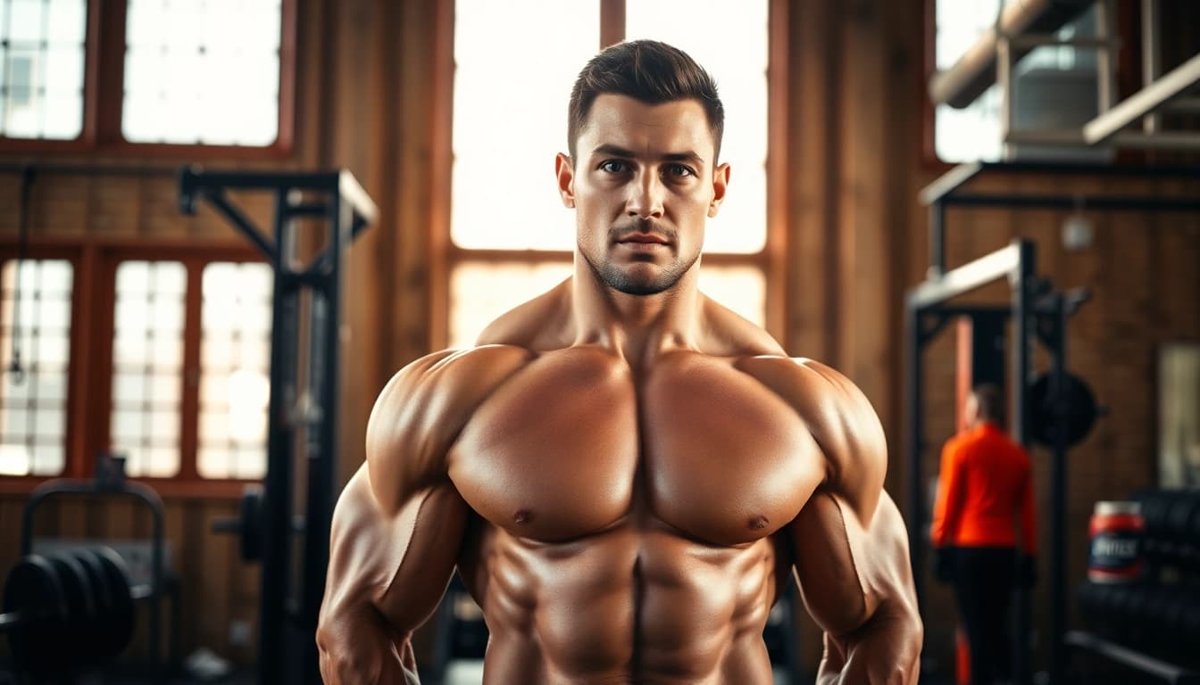 Trenbolon preis: Bodybuilder demonstrating strength in a gym with weights and equipment.