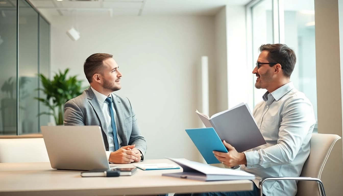 Headhunter Zahnmedizinische Fachangestellte im Gespräch mit einem Fachangestellten in einem modernen Büro.