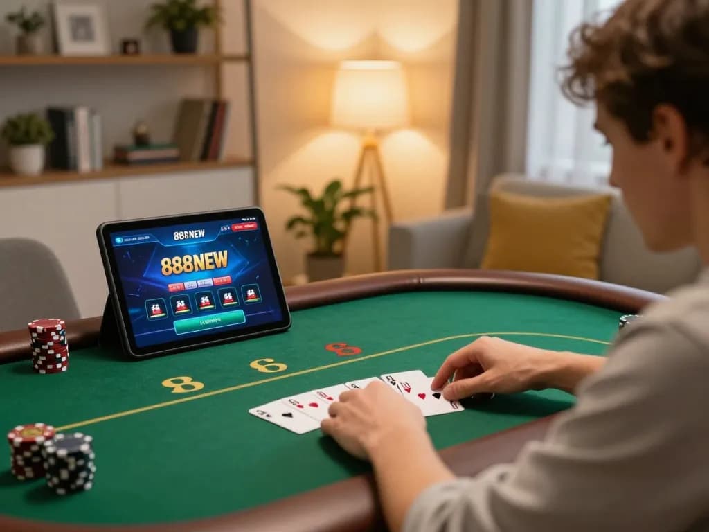A person playing poker on a tablet with the 888NEW platform in a cozy home setting.