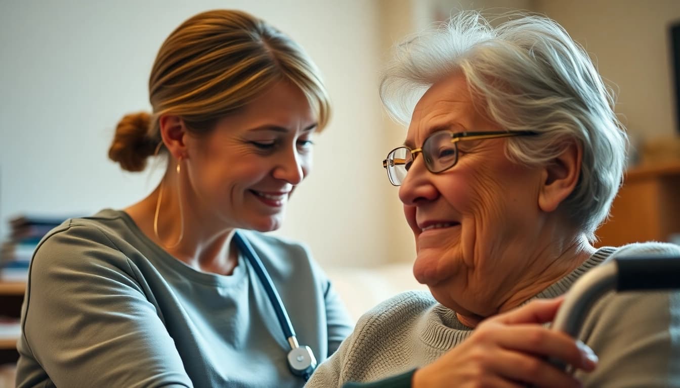 Providing ambulanter pflegedienst hameln services, a nurse helps an elderly man with friendly care.