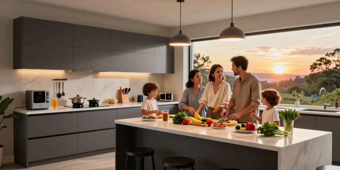 Eine Familie, die gemeinsam in einer modernen Küche mit grafitfarbenen Elementen kocht, perfekt geeignet für möbel direkt bestellen Erlebnisse.