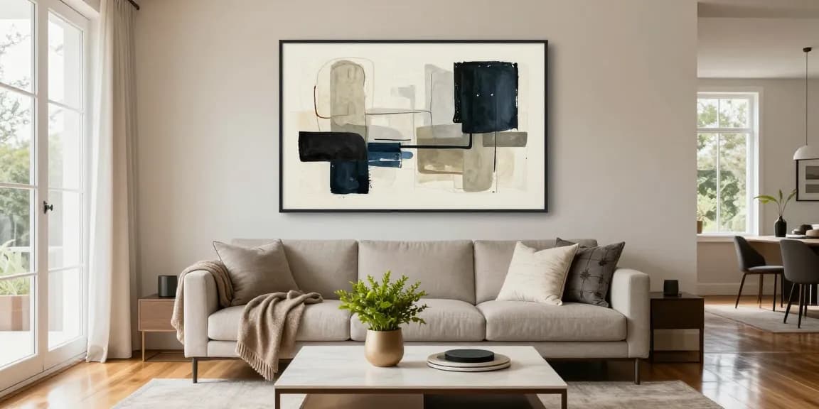 Moderne Wohnzimmer Bilder über einem eleganten Sofa schaffen Stil und Atmosphäre.