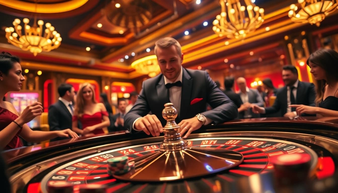 Pflegedienst im Casino-Umfeld mit aufregenden Spielern und glamourösem Dealer.
