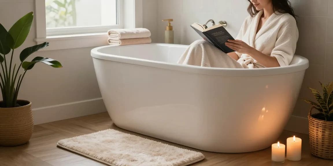 Volwassene geniet van ontspanning in een modern zitbad met kaarsen en groen in een gezellige badkamer.