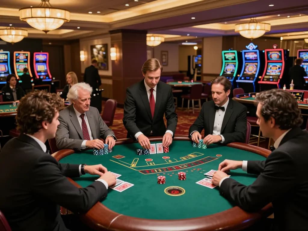 Players strategizing at a Go8 blackjack table, showcasing high-stakes excitement in a luxury casino setting.