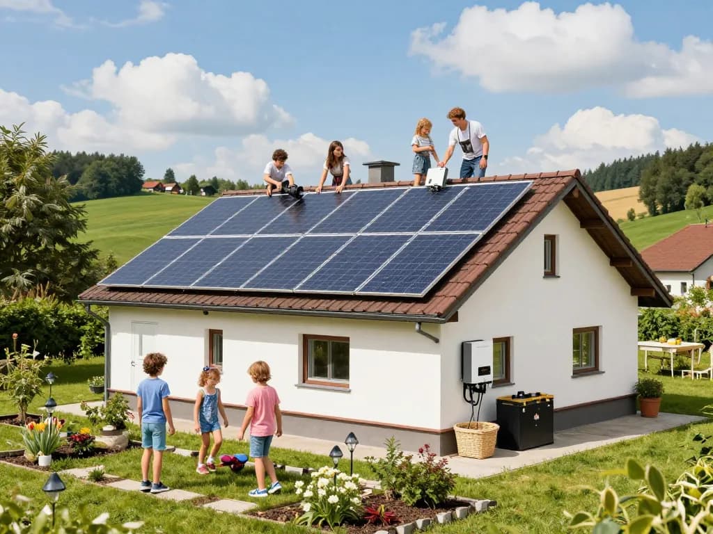 Familie Photovoltaik Bayern installiert Solarpaneele auf einem sonnigen Dach.