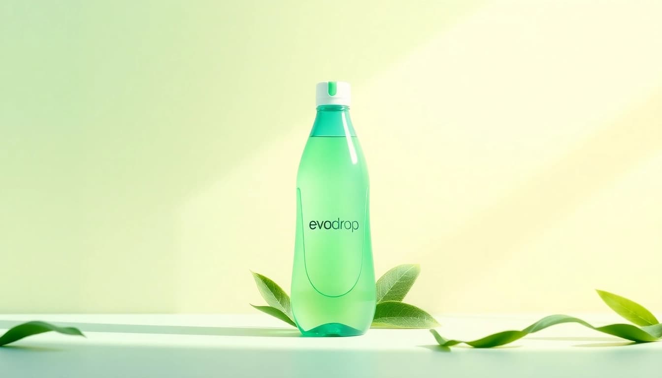 Evodrop Produkt mit modernem Design auf natürlichem Hintergrund, perfekt für nachhaltige Lebensstile.