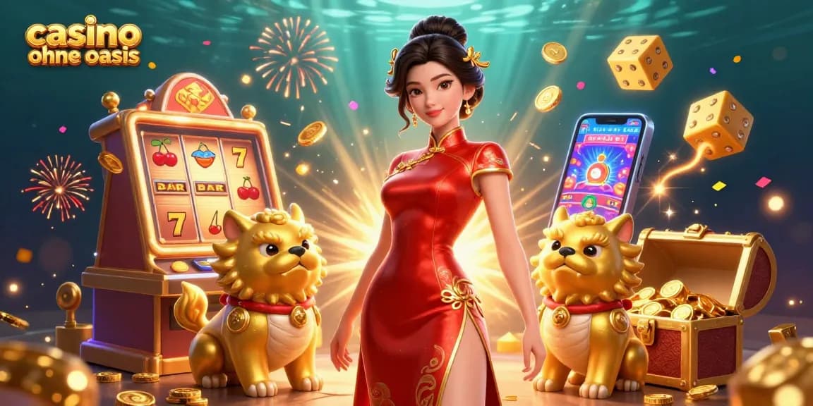 Experience the excitement of casino ohne oasis with a glamorous woman, foo dog guardians, and vibrant casino games.