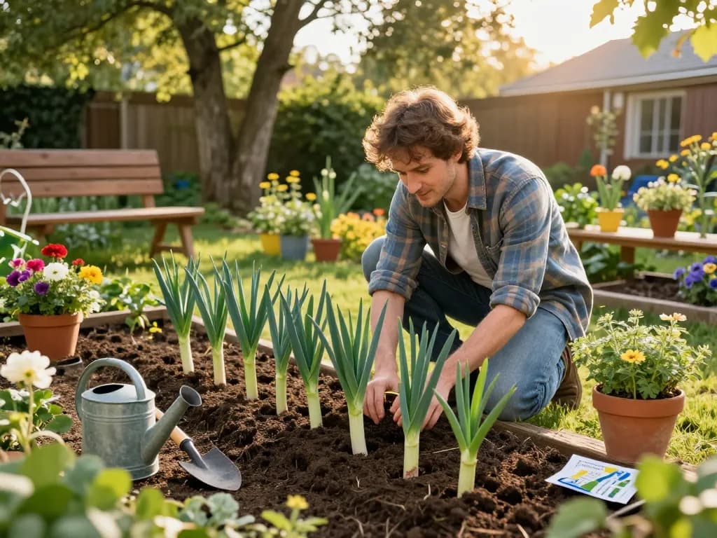 Lauch pflanzen kaufen scene with gardener planting summer leeks in fertile soil surrounded by vibrant flowers and gardening tools.