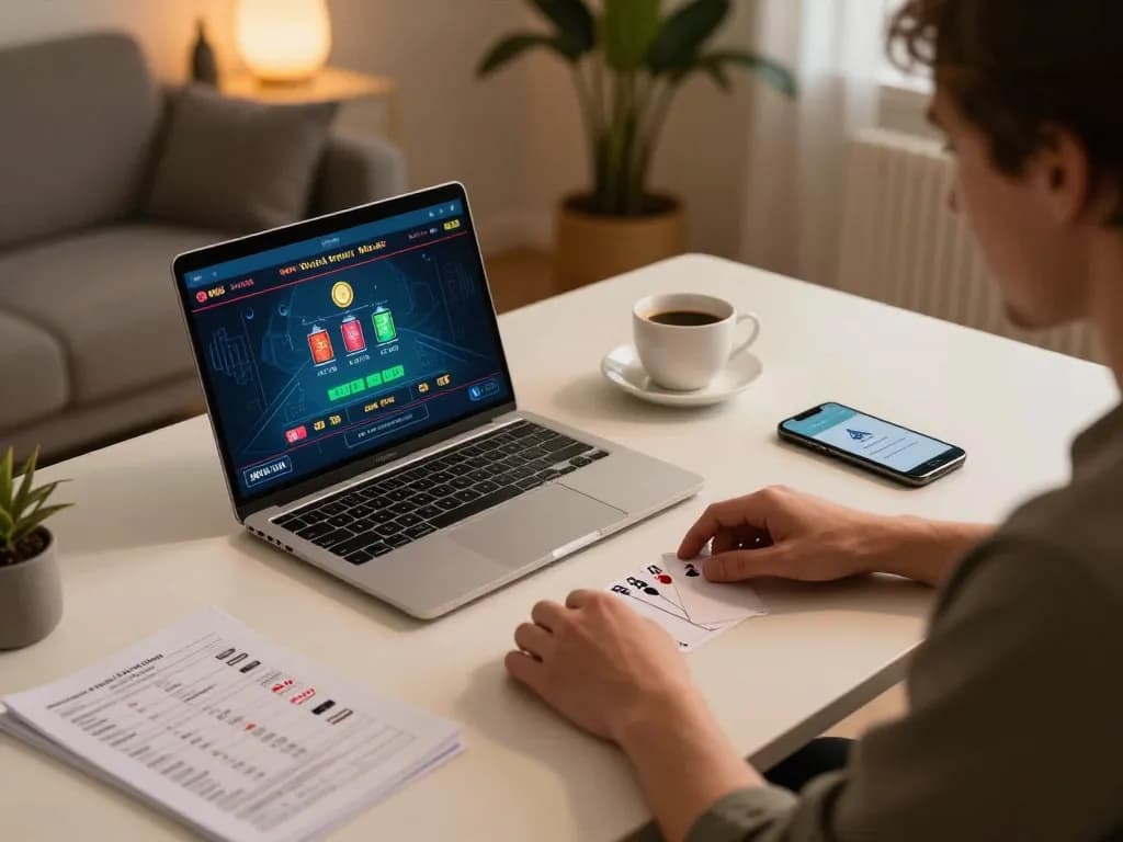 Player enjoying a live dealer game on MB66 app, laptop and betting notes visible in warm home setting.