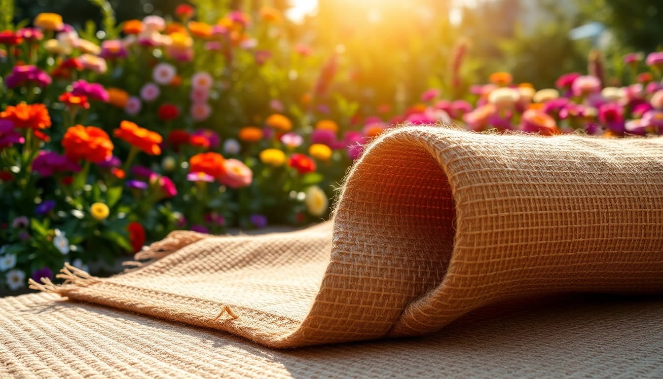 Eine Hanfmatte in einem sonnigen Garten, die ihre natürliche Textur und Farbe hervorhebt.