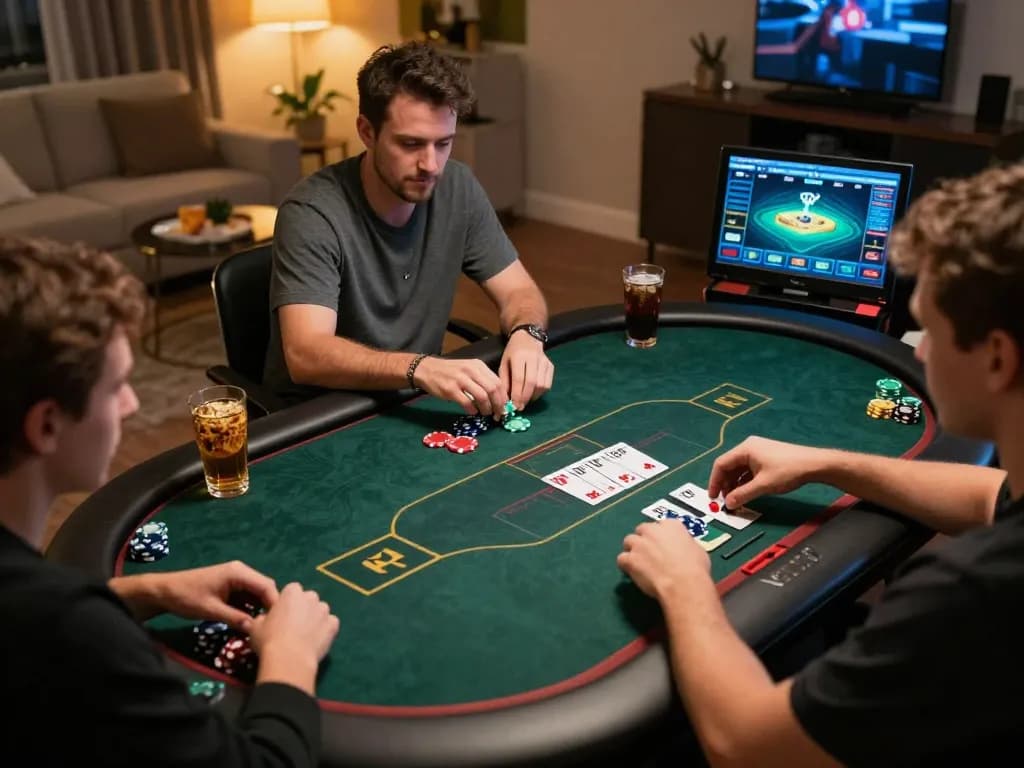 GO88 players engaging in strategic online poker gameplay, vibrant virtual cards and chips displayed.