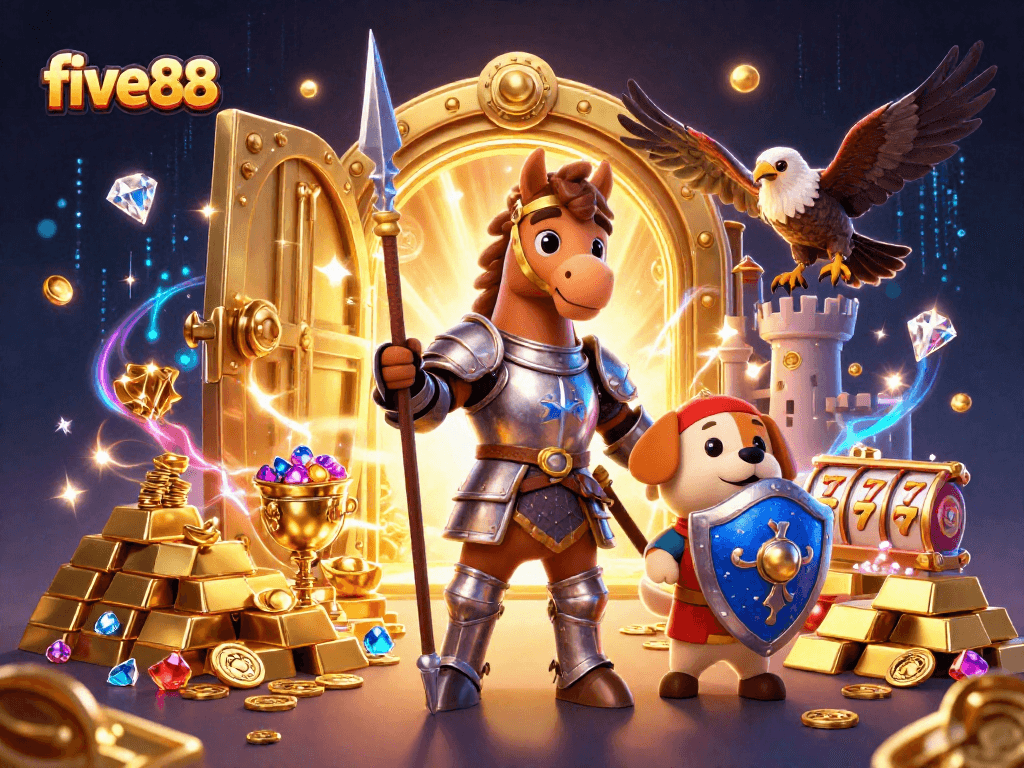 Experience the excitement of five88 with a dynamic casino-themed 3D illustration featuring treasures and adventure.