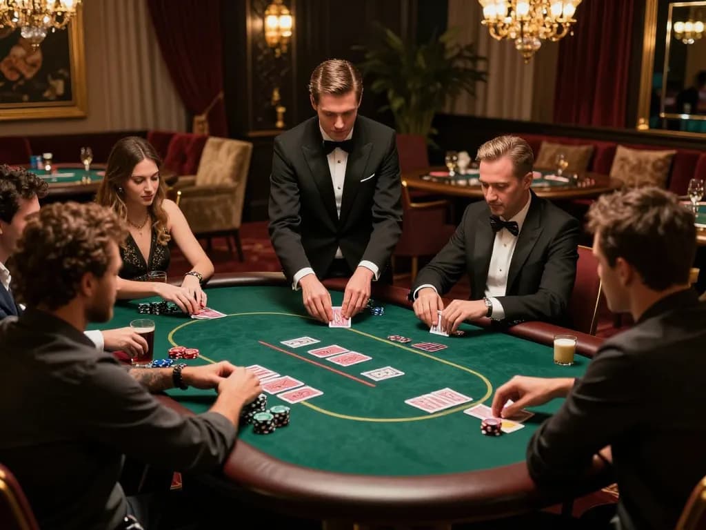 Players engaging in an exciting poker game at 78winvina's upscale private table with luxurious decor.