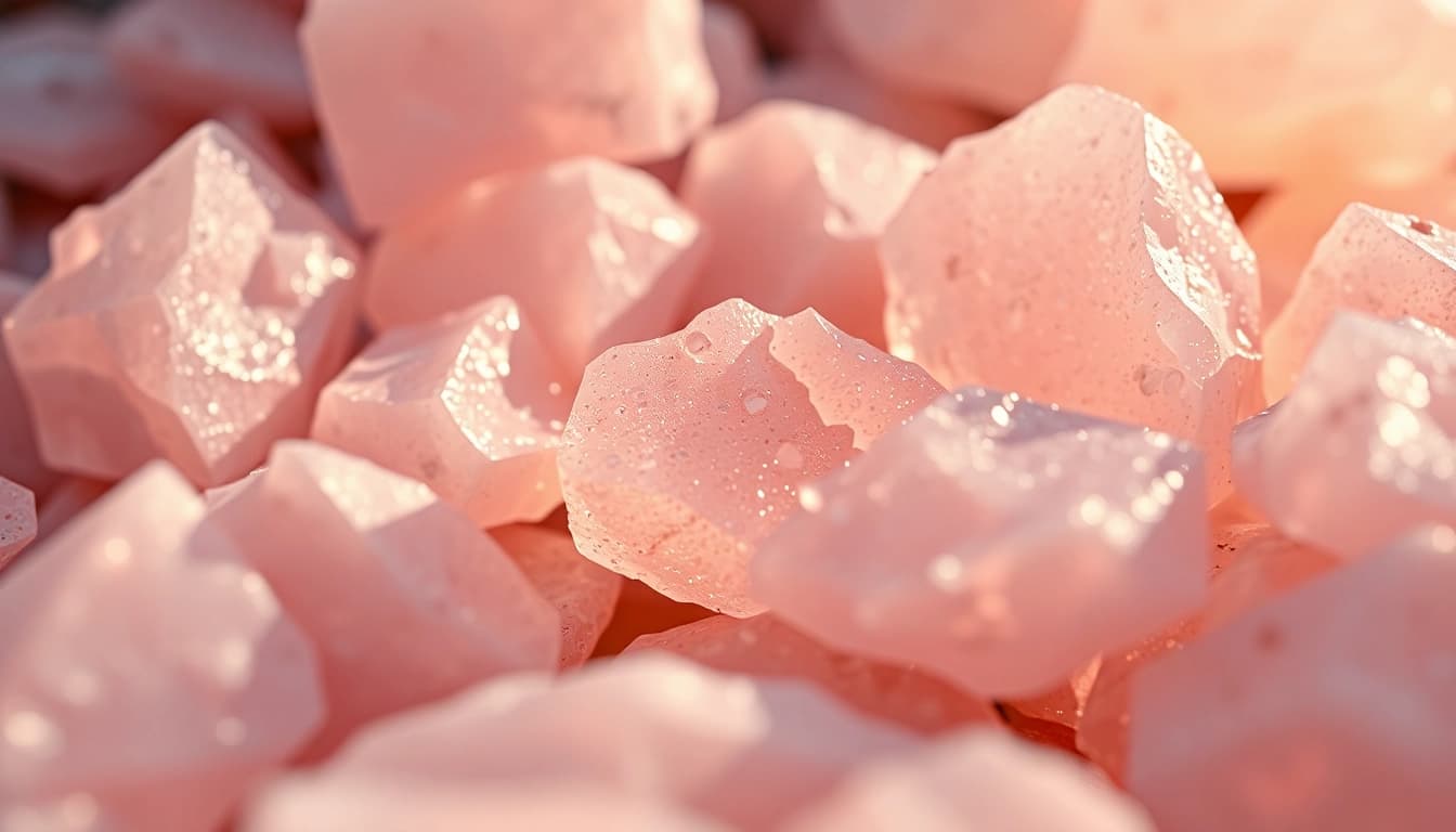 Entdecken Sie die faszinierende Rosenquarz Bedeutung in strahlenden Kristallen mit einzigartigen Einschlüsse.