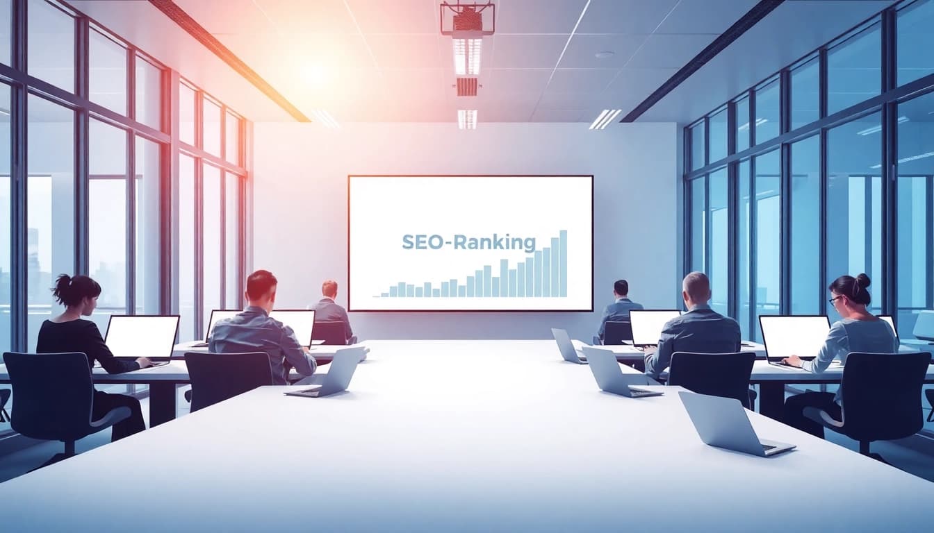Visualisieren Sie die Bedeutung des SEO-Rankings in einem modernen Büro mit engagierten Mitarbeitern.