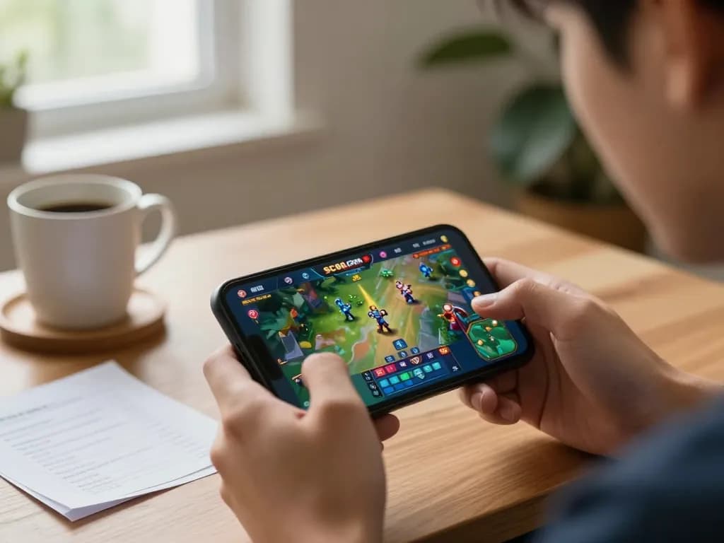 Player engaging with SC88.COM on smartphone in cozy home setting for online gaming.