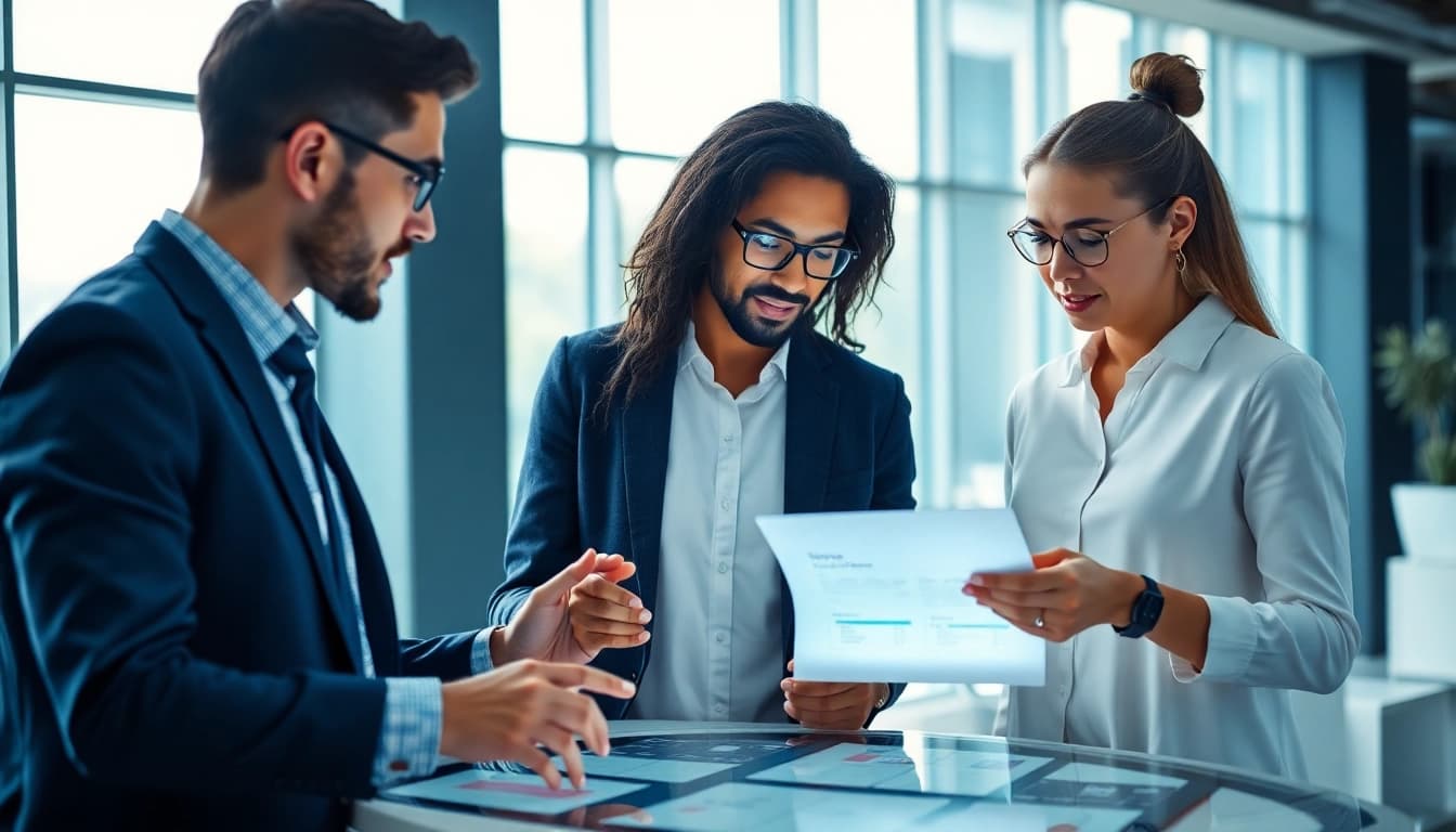 Headhunter Ingenieure diskutieren in einem modernen Büro über Karrieremöglichkeiten.