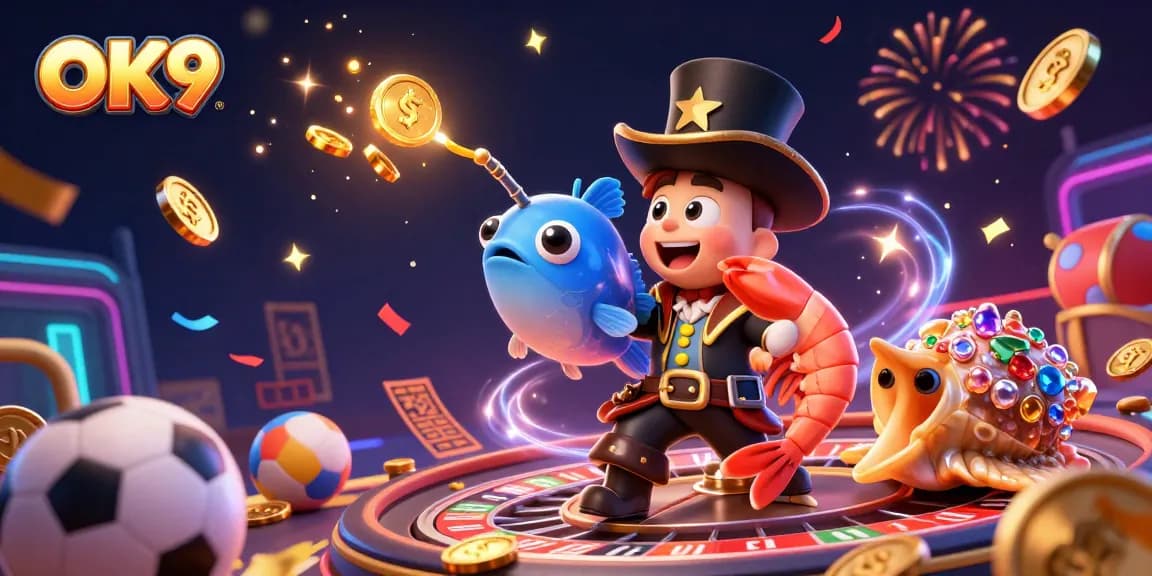 Spin the winning roulette with OK9, featuring anglerfish and shrimp in a vibrant casino setting.