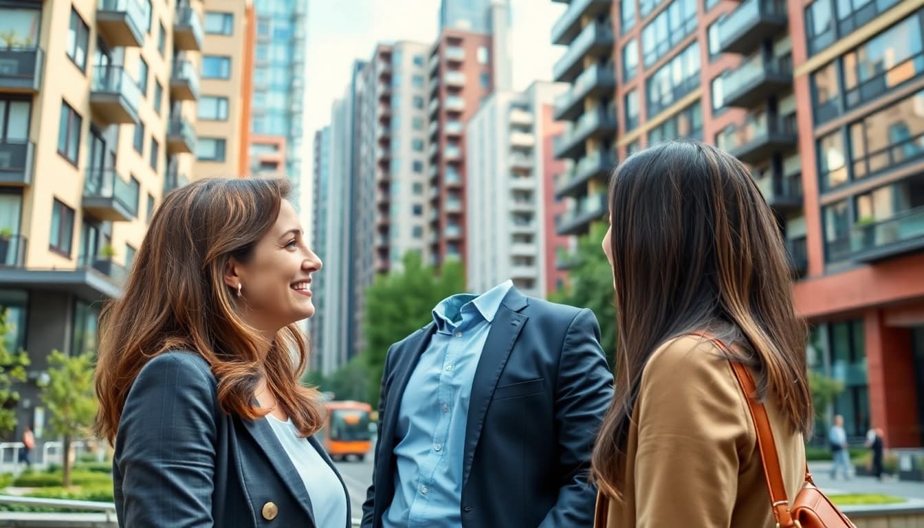 Immobilienmakler Frankfurt Preungesheim berät eine Familie in einem modernen Stadtviertel.