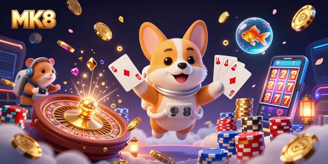 Experience MK8 casino thrills as an astronaut corgi floats amidst golden coins and gaming excitement.