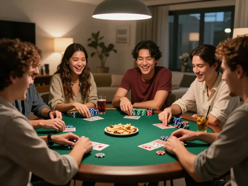 Friends playing poker together at home, enjoying strategic gameplay in a cozy environment, tg88 gaming experience.