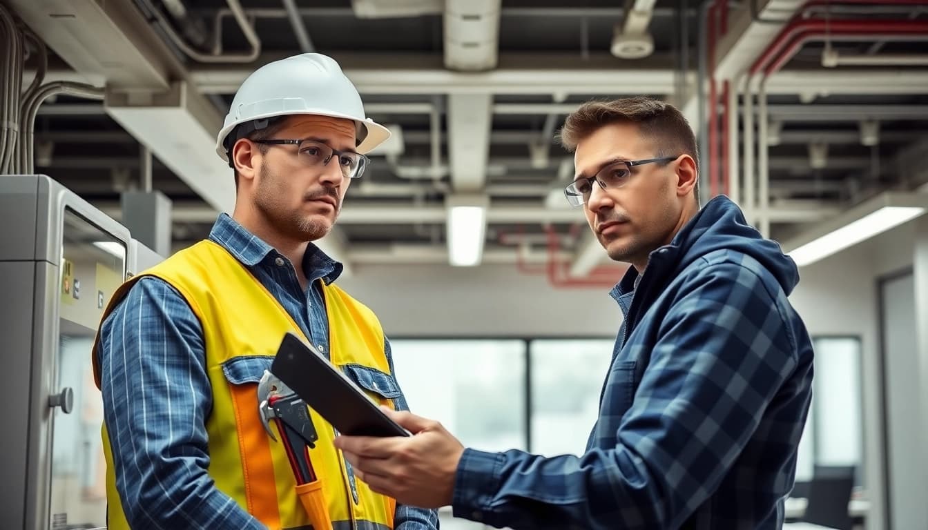 Electrician performing a DGUV V3 Prüfung for workplace safety on electrical equipment in an office.