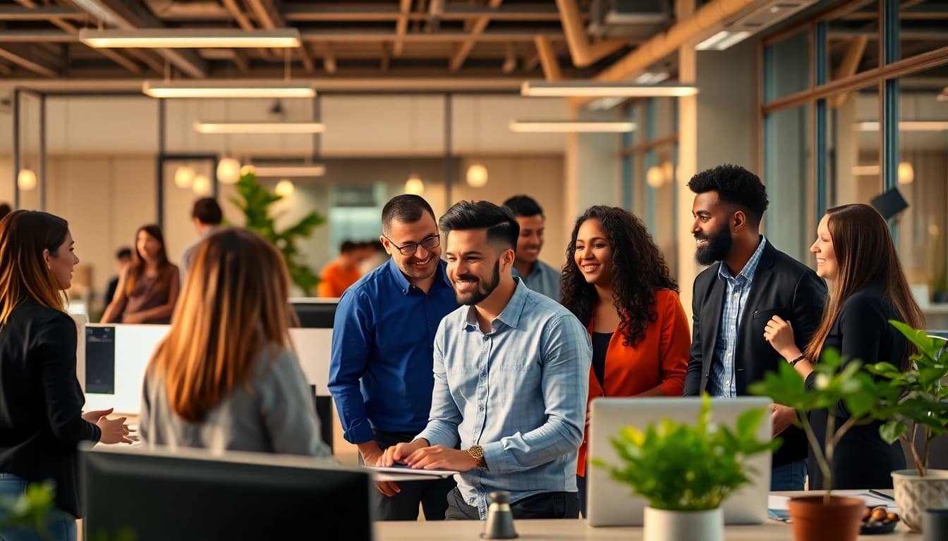 Explore Stellenangebote in a bright, collaborative office setting with diverse professionals engaged in teamwork.