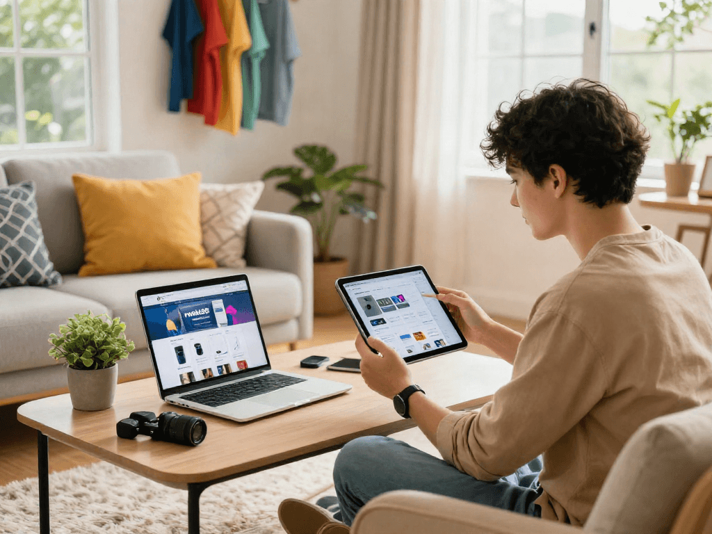 Browsing rokok88 link in a cozy e-commerce living room.