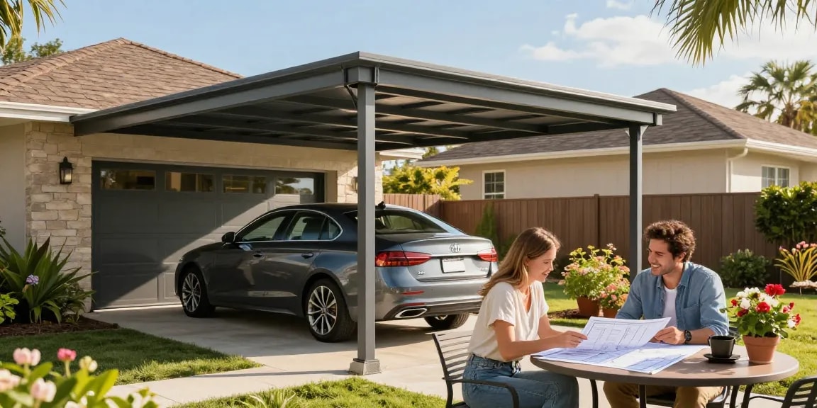 Moderne Carport-Installation mit stilvollem Auto und blühenden Pflanzen im Hintergrund