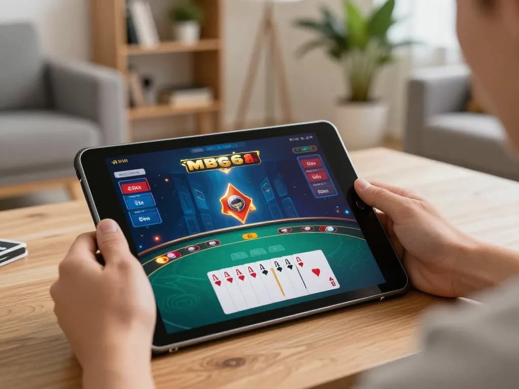 Player using mb668 app for virtual poker gameplay in a cozy modern setting