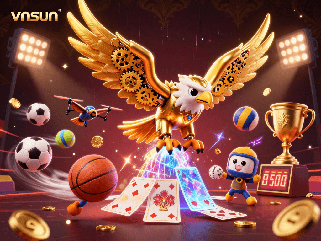 Experience thrilling action with vnsun as the golden eagle dives through holographic cards amidst vibrant casino elements.