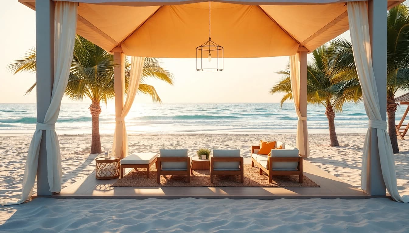 Entspannen im coastal cabana am Strand mit luxuriösem Außensitzbereich und traumhaftem Meerblick.