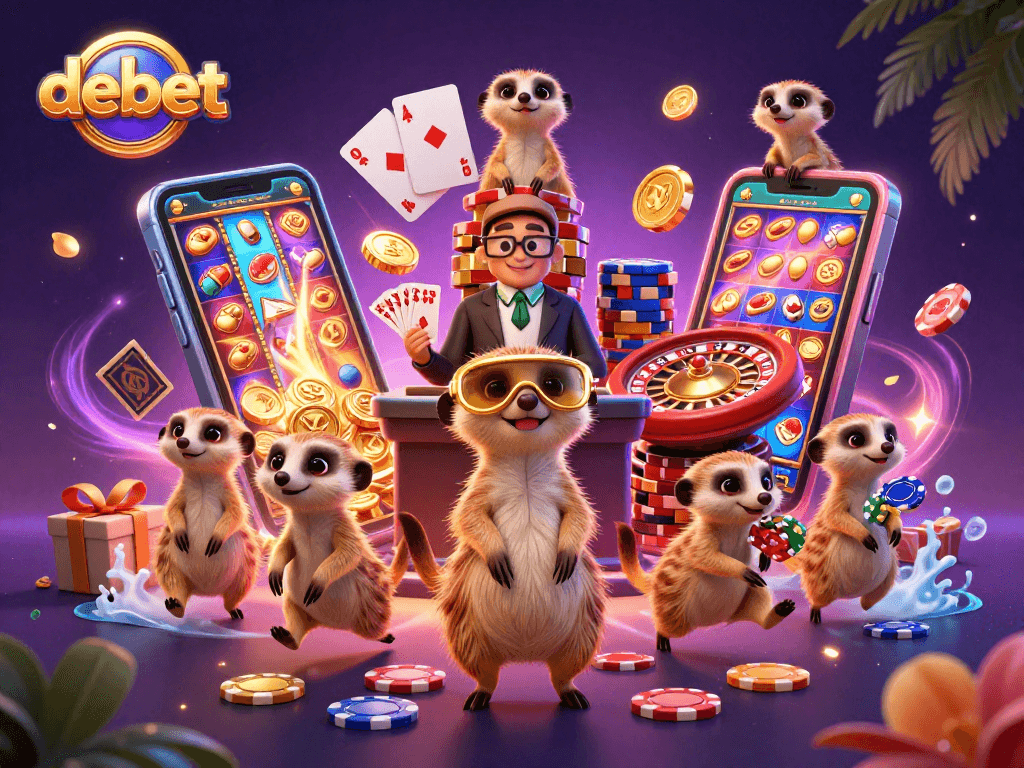 Experience debet's thrilling gameplay with lively meerkats managing a vibrant casino scene full of excitement.