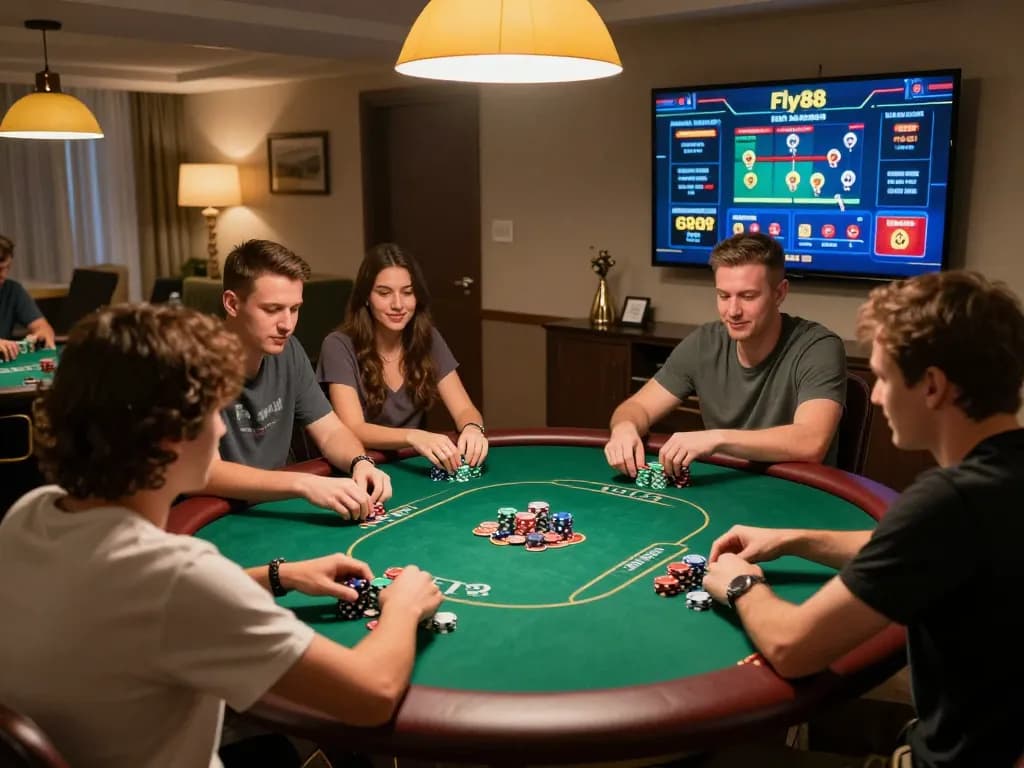 Fly88 players enjoying thrilling poker moments with chips and cards.