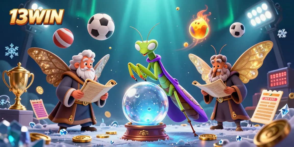 Engage with 13WIN's vibrant casino world, featuring a mystical fortune teller with game symbols and floating oracles.
